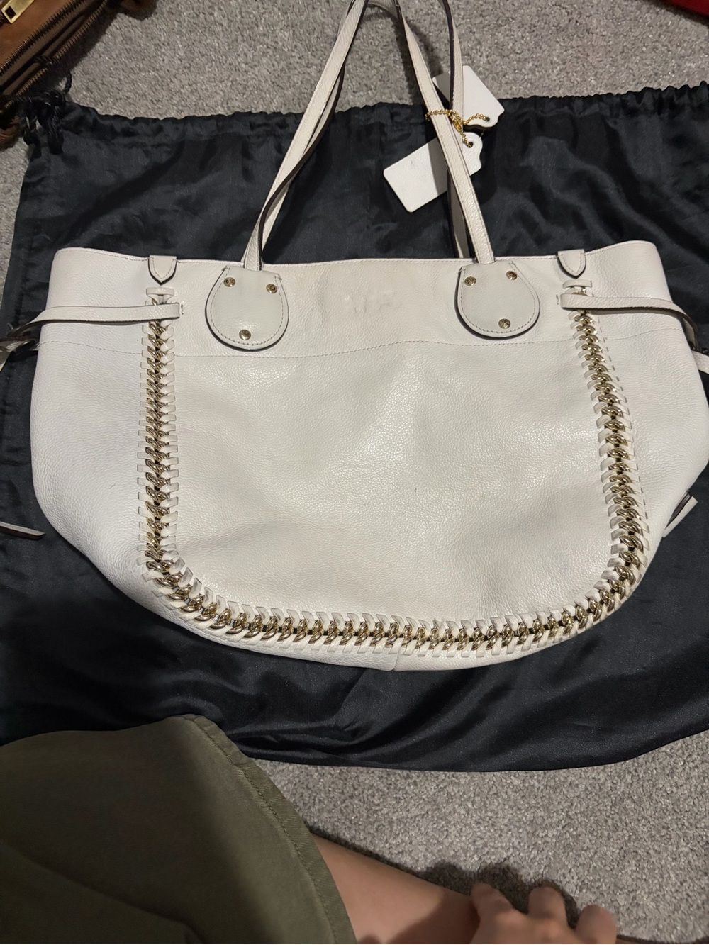 Coach White Leather Tote with Gold Chain Accent